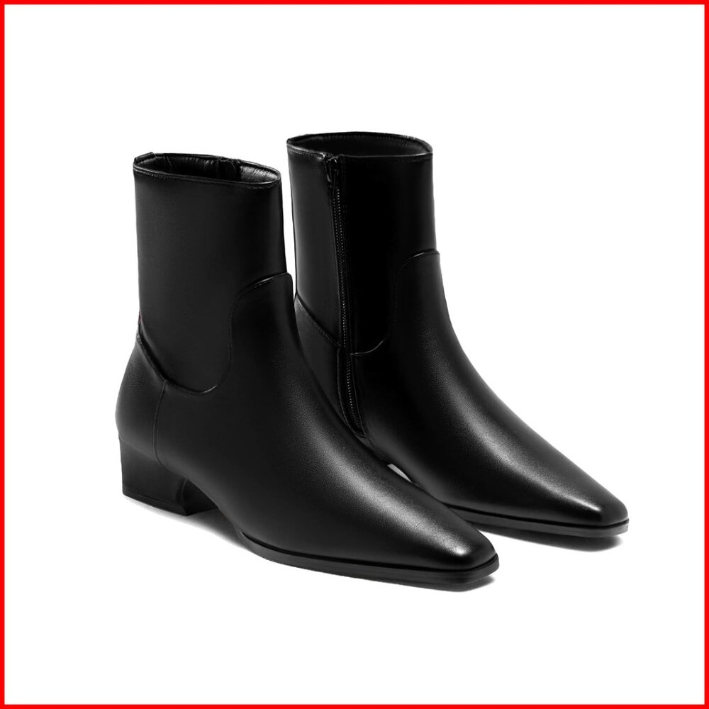 Low Heel Ankle Boots Square Toe Chunky Heel Side Zipper Dressy Fall Booties